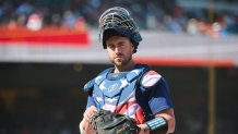 Jul 4, 2023; San Francisco, California, USA; Seattle Mariners catcher Tom Murphy (2) adjusts his catchers mitt during a stoppage of play in the ninth inning against the San Francisco Giants at Oracle Park. Mandatory Credit: Robert Edwards-USA TODAY Sports