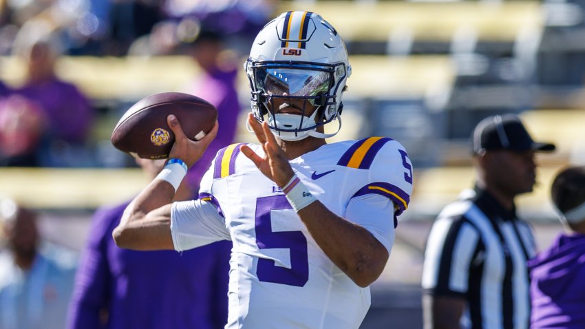 Nov 25, 2023; Baton Rouge, Louisiana, USA;  LSU Tigers quarterback Jayden Daniels (5) during warmups before the game against the Texas A&M Aggies at Tiger Stadium. Mandatory Credit: Stephen Lew-USA TODAY Sports