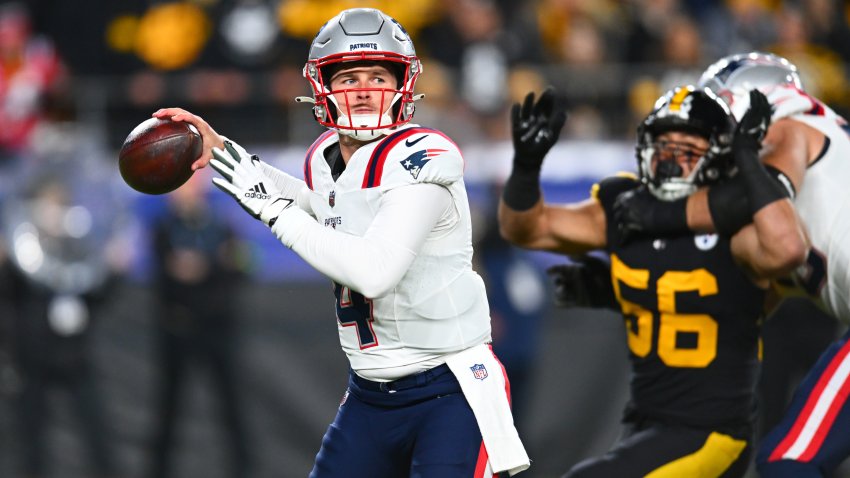 Quarterback Bailey Zappe (4) of the New England Patriots looks to pass in the first quarter against the Pittsburgh Steelers at Acrisure Stadium on December 07, 2023 in Pittsburgh, Pennsylvania.