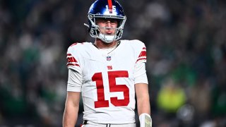 PHILADELPHIA, PA – DECEMBER 25: New York Giants Quarterback Tommy DeVito (15) reacts in the first half during the game between the New York Giants and Philadelphia Eagles on December 25, 2023 at Lincoln Financial Field in Philadelphia, PA.