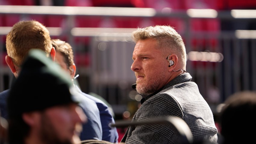 Oct 21, 2023; Columbus, Ohio, USA; ESPN analyst Pat McAfee sits on the set of College Gameday during the NCAA football game between the Ohio State Buckeyes and the Penn State Nittany Lions at Ohio Stadium.