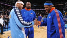 DENVER - JANUARY 8: Kenyon Martin #4 of the Denver Nuggets greets LeBron James #23 and Shaquille O' Neal #33 of the Cleveland Cavaliers on January 8, 2010 at the Pepsi Center in Denver, Colorado. NOTE TO USER: User expressly acknowledges and agrees that, by downloading and/or using this Photograph, user is consenting to the terms and conditions of the Getty Images License Agreement. Mandatory Copyright Notice: Copyright 2010 NBAE (Photo by Garrett W. Ellwood/NBAE via Getty Images)