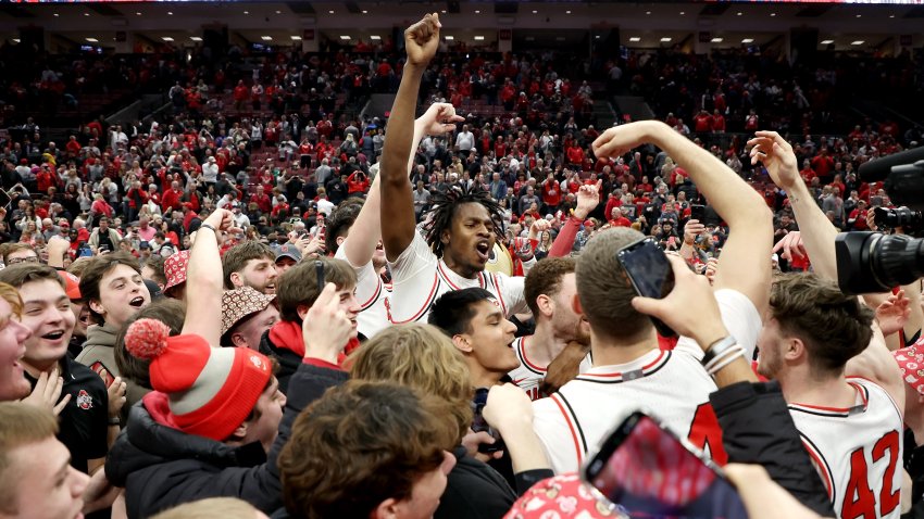 COLUMBUS, OHIO – FEBRUARY 18:  Felix Okpara #34 of the Ohio State Buckeyes celebrates with fans after upsetting the Purdue Boilermakers at Value City Arena on February 18, 2024 in Columbus, Ohio. Ohio State defeated Purdue 73-69. (Photo by Kirk Irwin/Getty Images)