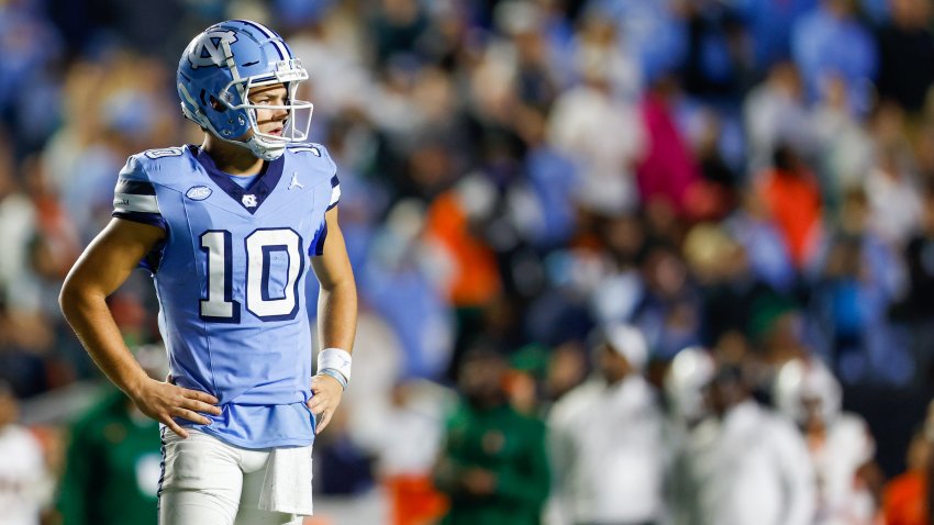 Oct 14, 2023; Chapel Hill, North Carolina, USA; North Carolina Tar Heels quarterback Drake Maye (10) looks to the bench as his team plays the Miami Hurricanes in the second half at Kenan Memorial Stadium. Mandatory Credit: Nell Redmond-USA TODAY Sports