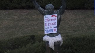 A sign placed overnight adorns the Rocky statue at the Philadelphia Museum of Art on Valentine's Day.