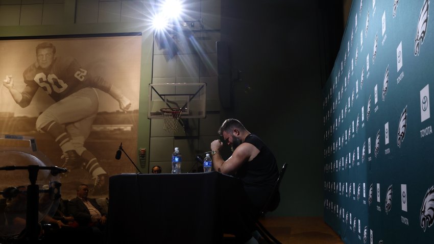 PHILADELPHIA, PENNSYLVANIA – MARCH 04: Jason Kelce #62 of the Philadelphia Eagles reacts after announcing his retirement from the NFL at NovaCare Complex on March 04, 2024 in Philadelphia, Pennsylvania. (Photo by Tim Nwachukwu/Getty Images)