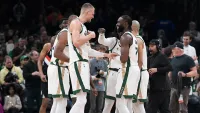 Celtics teammates Kristaps Porzingis and Jaylen Brown