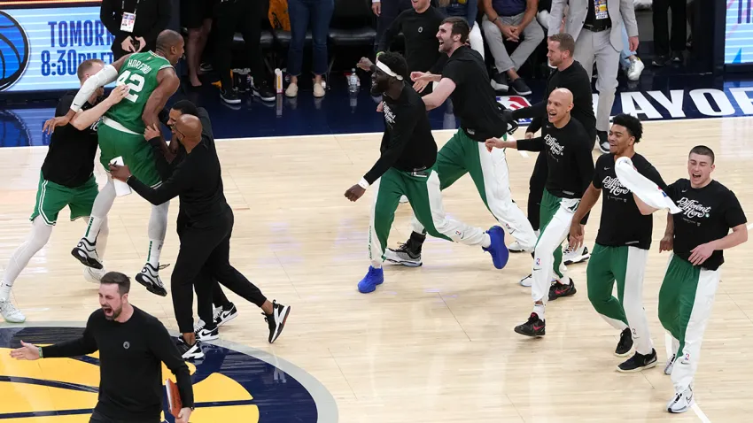 Celtics celebrating vs. Pacers