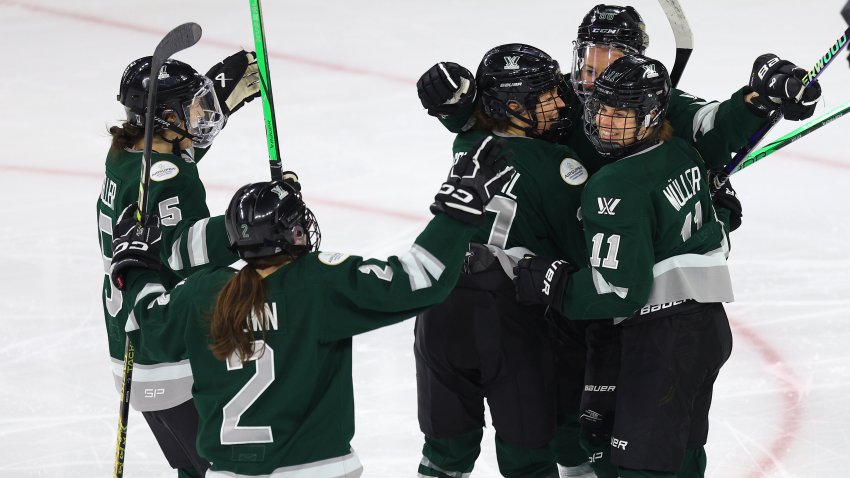 LOWELL, MA – MAY 19: Boston players celebrate a goal during game 1 of the PWHL Finals on May 19, 2024, at Tsongas Center in Lowell, MA. (Photo by M. Anthony Nesmith/Icon Sportswire via Getty Images)