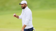 LOUISVILLE, KENTUCKY - MAY 17: Scottie Scheffler of the United States waves on the ninth green during the second round of the 2024 PGA Championship at Valhalla Golf Club on May 17, 2024 in Louisville, Kentucky. (Photo by Andy Lyons/Getty Images)