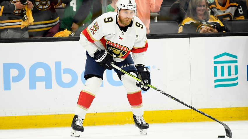 May 12, 2024; Boston, Massachusetts, USA; Florida Panthers center Sam Bennett (9) stick handles with the puck during warmups prior to game four of the second round of the 2024 Stanley Cup Playoffs against the Boston Bruins at TD Garden. Mandatory Credit: Bob DeChiara-USA TODAY Sports