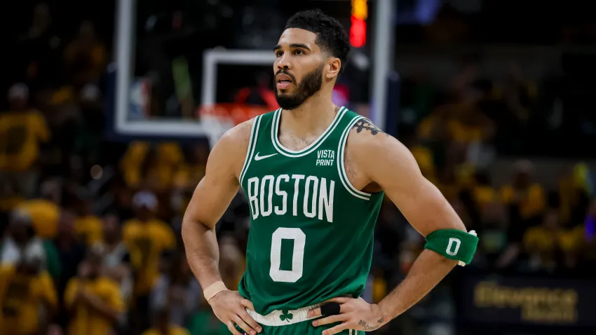 May 27, 2024; Indianapolis, Indiana, USA; Boston Celtics forward Jayson Tatum (0) during the fourth quarter during game four of the eastern conference finals for the 2024 NBA playoffs at Gainbridge Fieldhouse. Mandatory Credit: Trevor Ruszkowski-USA TODAY Sports