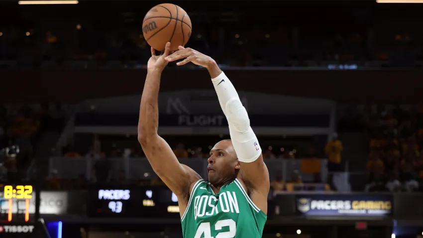 May 25, 2024; Indianapolis, Indiana, USA; Boston Celtics center Al Horford (42) shoots the ball against the Indiana Pacers during the fourth quarter of game three of the eastern conference finals in the 2024 NBA playoffs at Gainbridge Fieldhouse. Mandatory Credit: Trevor Ruszkowski-USA TODAY Sports