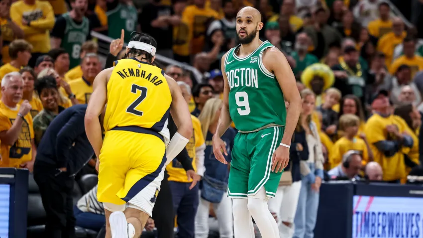 May 27, 2024; Indianapolis, Indiana, USA; Boston Celtics guard Derrick White (9) during the fourth quarter during game four of the eastern conference finals for the 2024 NBA playoffs at Gainbridge Fieldhouse. Mandatory Credit: Trevor Ruszkowski-USA TODAY Sports