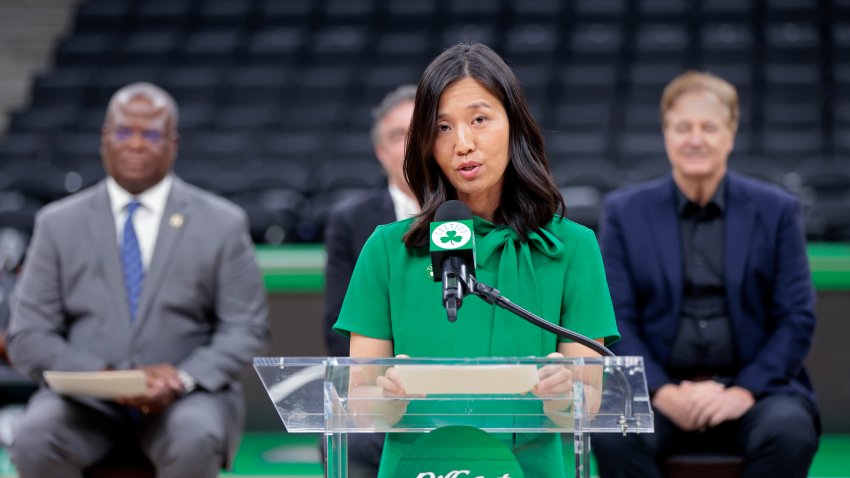 Boston, MA – June 4: Boston Mayor Michelle Wu speaks at a press conference at TD Garden to discuss the city’s preparations for the NBA Finals. (Photo by Pat Greenhouse/The Boston Globe via Getty Images)