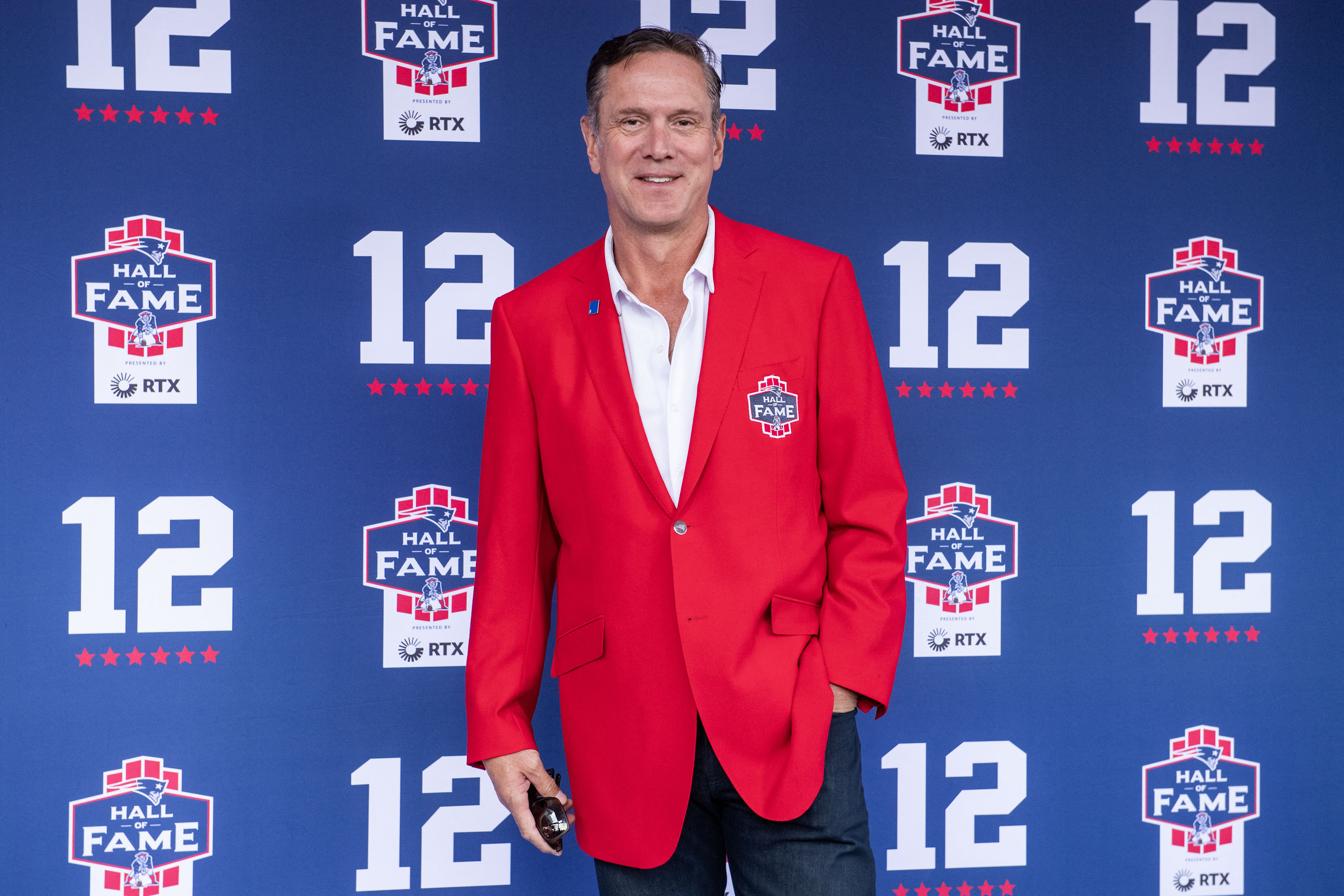 Former quarterback Drew Bledsoe arrives for former New England Patriots quarterback Tom Brady’s 2024 Hall of Fame induction ceremony at Gillette Stadium in Foxborough, Massachusetts, on June 12, 2024. Tom Brady is the 35th person to be inducted into the Patriots Hall of Fame.