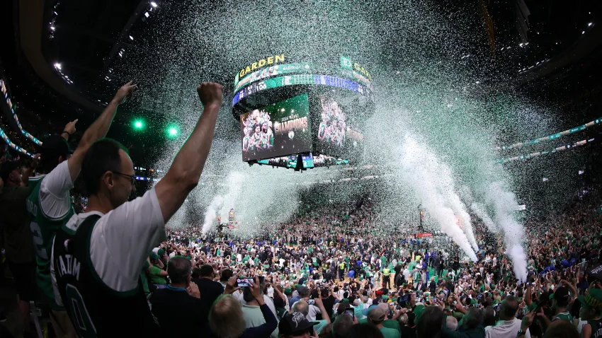 BOSTON, MASSACHUSETTS – JUNE 17: Confetti falls after the Boston Celtics 106-88 win against the Dallas Mavericks in Game Five of the 2024 NBA Finals at TD Garden on June 17, 2024 in Boston, Massachusetts. NOTE TO USER: User expressly acknowledges and agrees that, by downloading and or using this photograph, User is consenting to the terms and conditions of the Getty Images License Agreement. (Photo by Adam Glanzman/Getty Images)