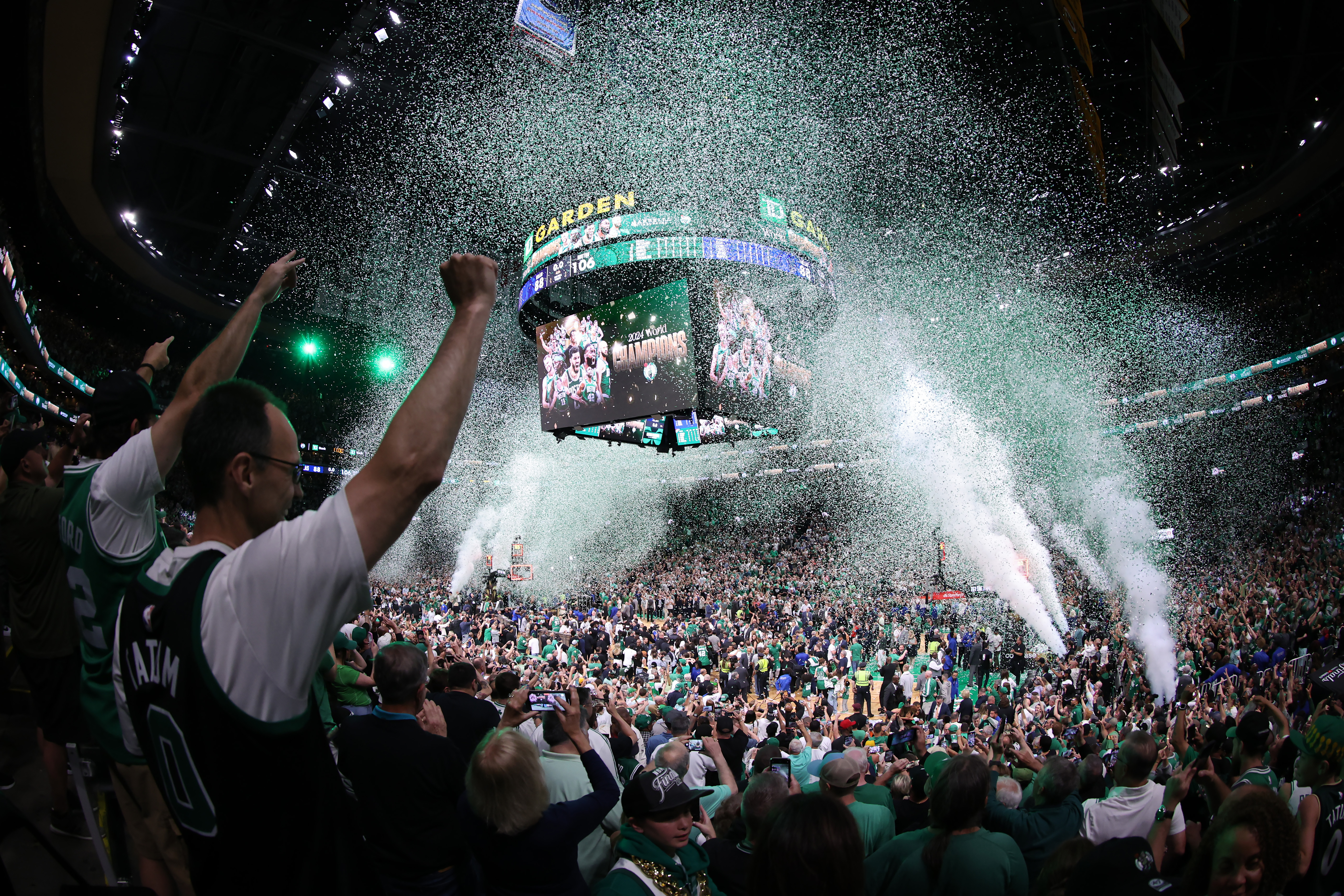 Confetti falls at TD Garden after the Boston Celtics’ NBA Championship-winning 106-88 win over the Dallas Mavericks on Monday, June 17, 2024.