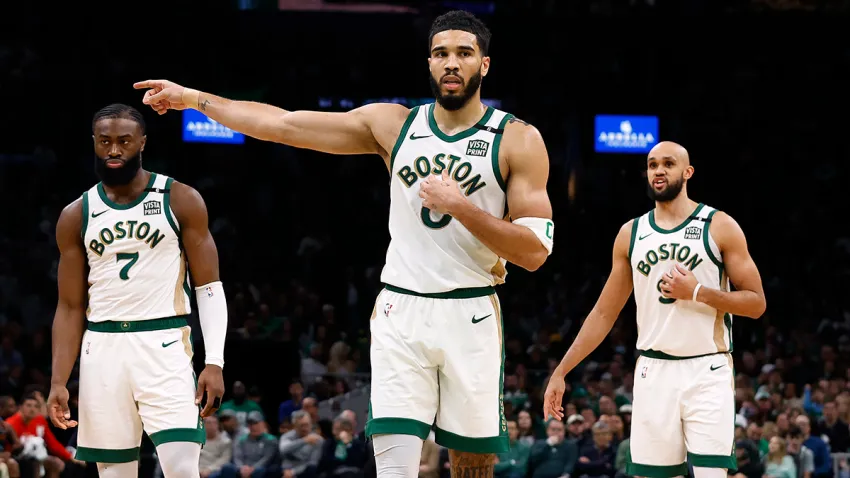 Celtics teammates Jaylen Brown, Jayson Tatum and Derrick White