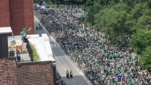 The packed Boston Celtics championship parade route along the Common on Friday, June 21, 2024.