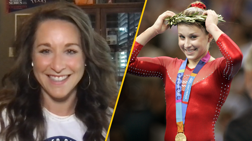 Split screen of Carly Patterson now and in 2004 at the Olympics