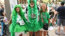 Celtics fans on the championship parade route in Boston before the duck boats came through on Friday, June 21, 2024.