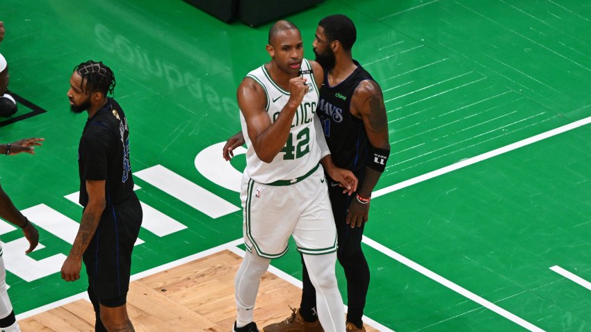 Jun 6, 2024; Boston, Massachusetts, USA; Boston Celtics center Al Horford (42) reacts after a play against the Dallas Mavericks during the third quarter of game one of the 2024 NBA Finals at TD Garden. Mandatory Credit: Peter Casey-USA TODAY Sports