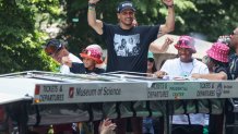 Joe Mazzulla on a duck boat during the Boston Celtics championship parade on Friday, June 21, 2024.