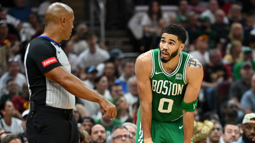 Jayson Tatum #0 of the Boston Celtics argues a call with referee Mark Davis #8 during the first half of Game Four of the Eastern Conference Second Round Playoffs against the Cleveland Cavaliers at Rocket Mortgage Fieldhouse on May 13, 2024 in Cleveland, Ohio.