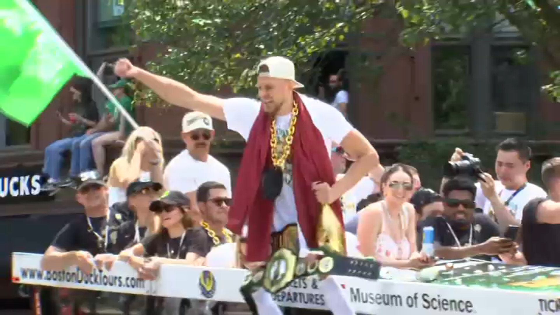 Kristaps Porzingis on a duck boat during the Boston Celtics championship parade on Friday, June 21, 2024.