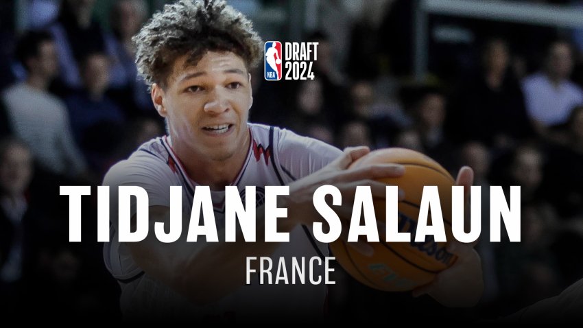 Tidjane Salaun holds the ball and grimaces as he drives to the basket. Text reads NBA Draft 2024, Tidjane Salaun, France