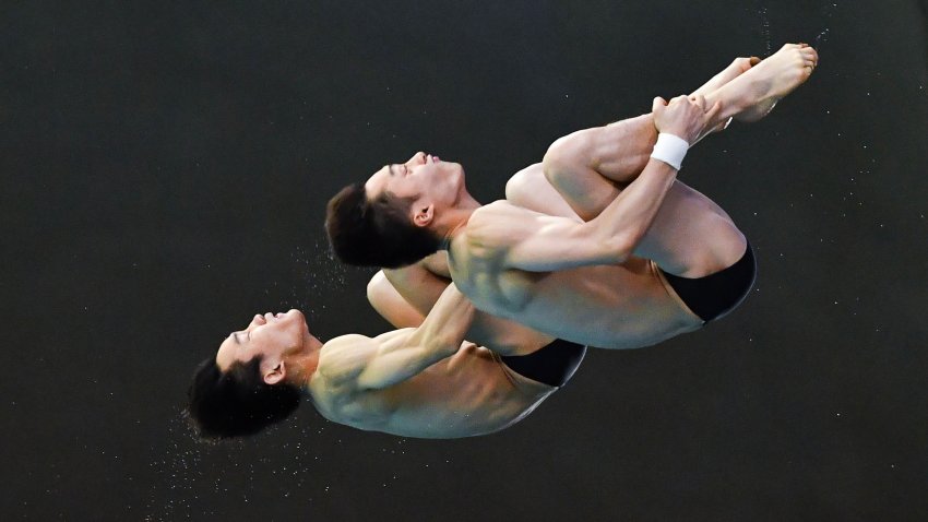 Junjie Lian and Hao Yang of the People's Republic of China compete in the Men's Synchronized 10m Platform Final during the World Aquatics Diving World Cup 2023