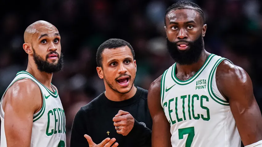 Celtics teammates Derrick White and Jaylen Brown and head coach Joe Mazzulla