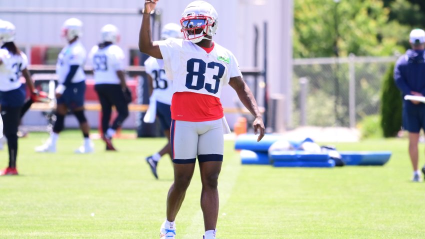 Jun 10, 2024; Foxborough, MA, USA; New England Patriots wide receiver Jalen Reagor (83) stretches before the start of minicamp at Gillette Stadium. Mandatory Credit: Eric Canha-USA TODAY Sports