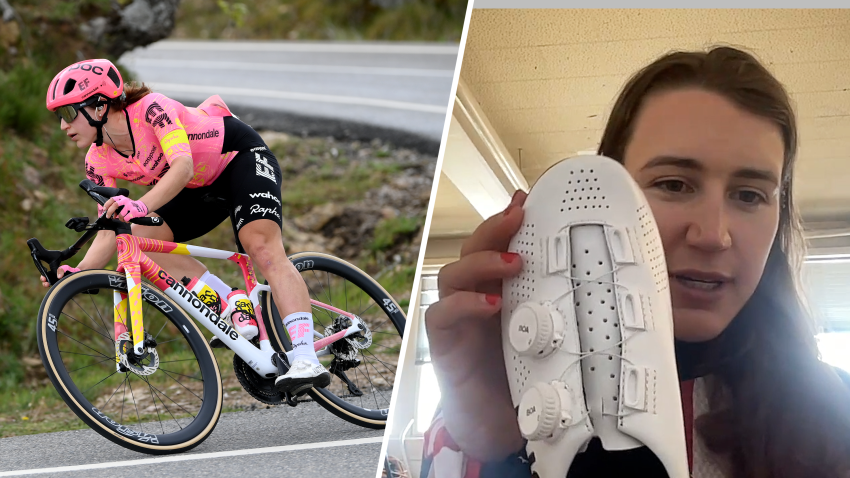 A split screen cyclist with Kristen Faulkner racing on the left and her holding up a cycling shoe to the camera on the right