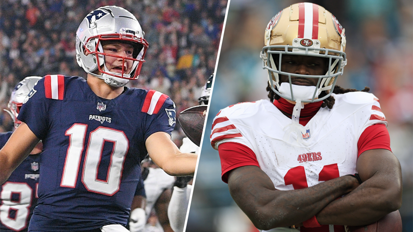 Patriots quarterback Drake Maye and 49ers wide receiver Brandon Aiyuk