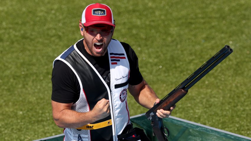 Vincent Hancock of Team United States celebrates winning the gold medal after competing in the Shooting Skeet Men's Final on day eight of the Olympic Games Paris 2024 at Chateauroux Shooting Centre on August 03, 2024 in Chateauroux, France.