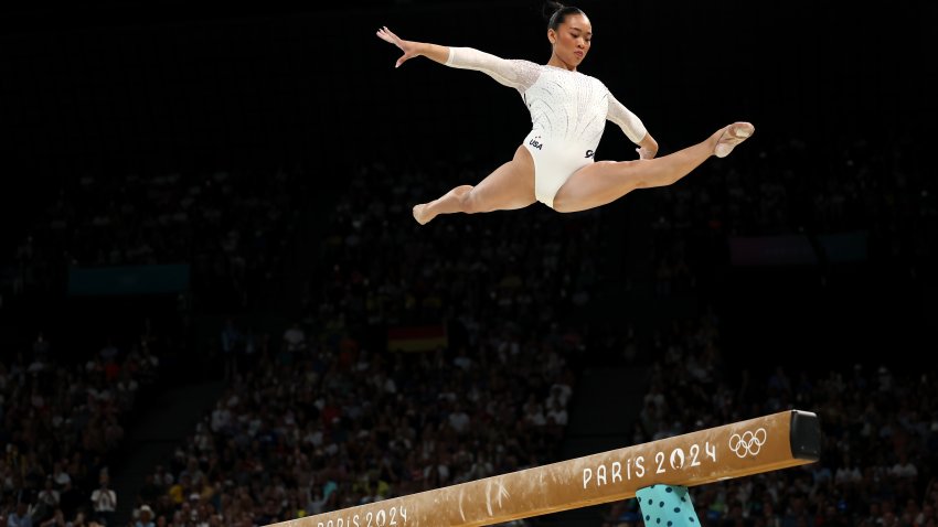 Sunisa Lee of Team United States  competes during the Artistic Gymnastics Women’s Balance Beam Final on day ten of the Olympic Games Paris 2024 at Bercy Arena on August 05, 2024 in Paris, France. (Photo by Jamie Squire/Getty Images)