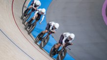 Jennifer Valente, Lily Williams, Chloe Dygert and Kristin Faulkner of Team United States compete during a women's team pursuit race at the Paris Olympics