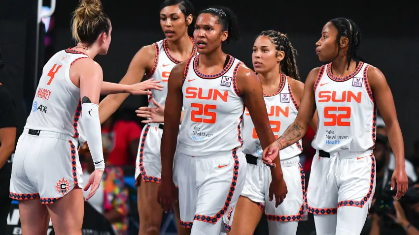 COLLEGE PARK, GA  AUGUST 18:  Connecticut players Marina Mabrey (4), Olivia Nelson-Ododa (10), Alyssa Thomas (25), Veronica Burton (22), and Tyasha Harris (52) react during the WNBA game between the Connecticut Sun and the Atlanta Dream on August 18th, 2024 at the Gateway Arena in College Park, GA. (Photo by Rich von Biberstein/Icon Sportswire via Getty Images)