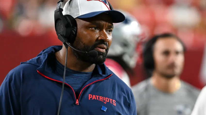 Aug 25, 2024; Landover, Maryland, USA;  New England Patriots head coach Jerod Mayo during the second  half against the Washington Commanders at Commanders Field. Mandatory Credit: Tommy Gilligan-USA TODAY Sports