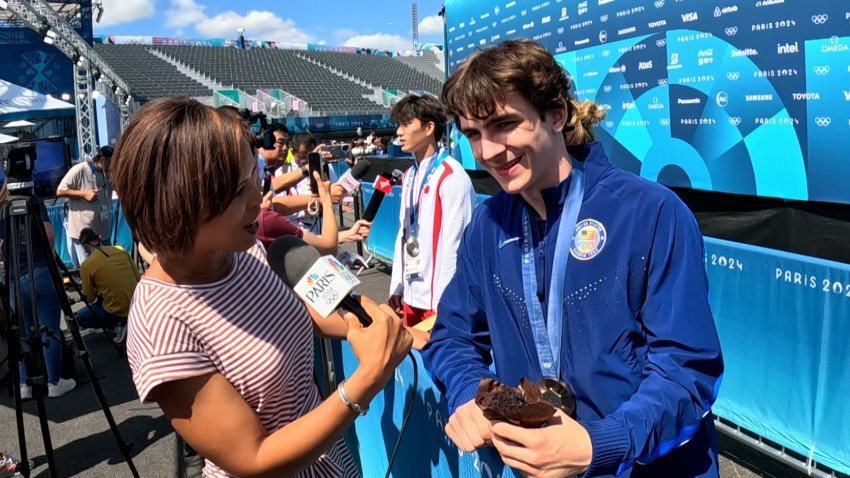 Sam Watson speaks to NBC reporter at Paris Olympics