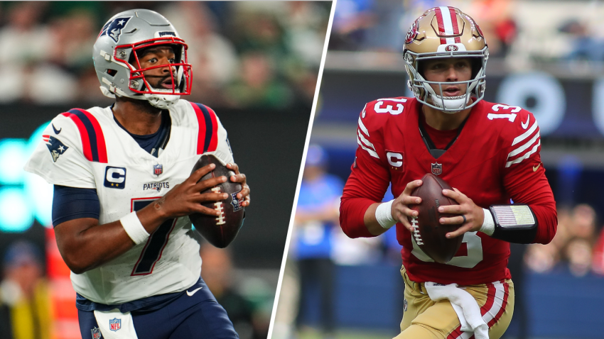 Split image of Jacoby Brissett and Brock Purdy