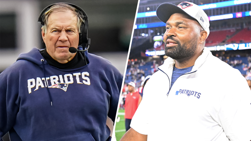 Former Patriots head coach Bill Belichick and current head coach Jerod Mayo