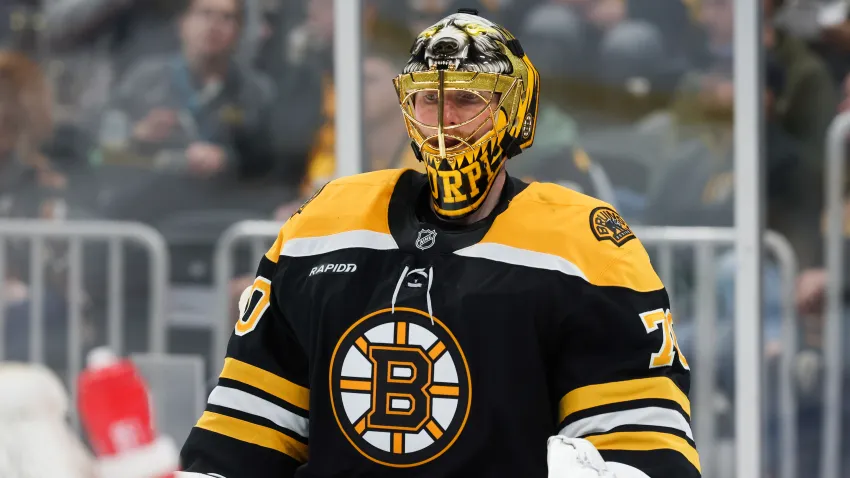 BOSTON, MASSACHUSETTS – SEPTEMBER 24: Joonas Korpisalo #70 of the Boston Bruins tends goal against the Washington Capitals during the second period of a preseason game at the TD Garden on September 24, 2024 in Boston, Massachusetts. The Bruins won 4-2. (Photo by Richard T Gagnon/Getty Images)