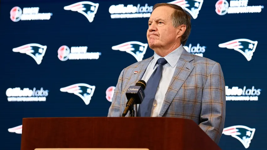 Jan 11, 2024; Foxborough, MA, USA; New England Patriots former head coach Bill Belichick holds a press conference at Gillette Stadium to announce his exit from the team. Mandatory Credit: Eric Canha-USA TODAY Sports