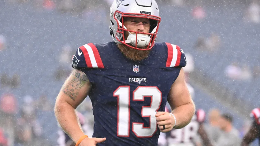 August 8, 2024; Foxborough, MA, USA;  New England Patriots place kicker Joey Slye (13) warms up before a game against the Carolina Panthers at Gillette Stadium. Mandatory Credit: Eric Canha-USA TODAY Sports