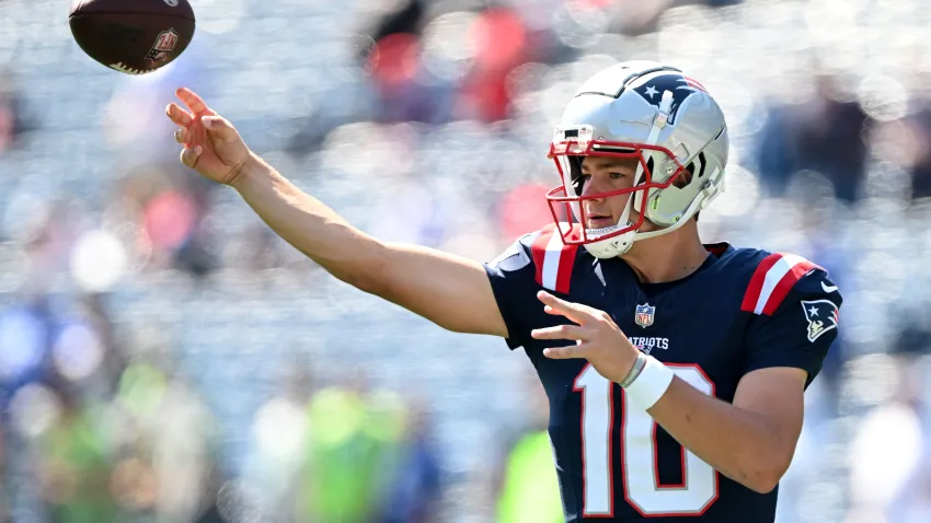 Sep 15, 2024; Foxborough, Massachusetts, USA; New England Patriots quarterback Drake Maye (10) throws the ball before a game against the Seattle Seahawks Gillette Stadium. Mandatory Credit: Brian Fluharty-Imagn Images