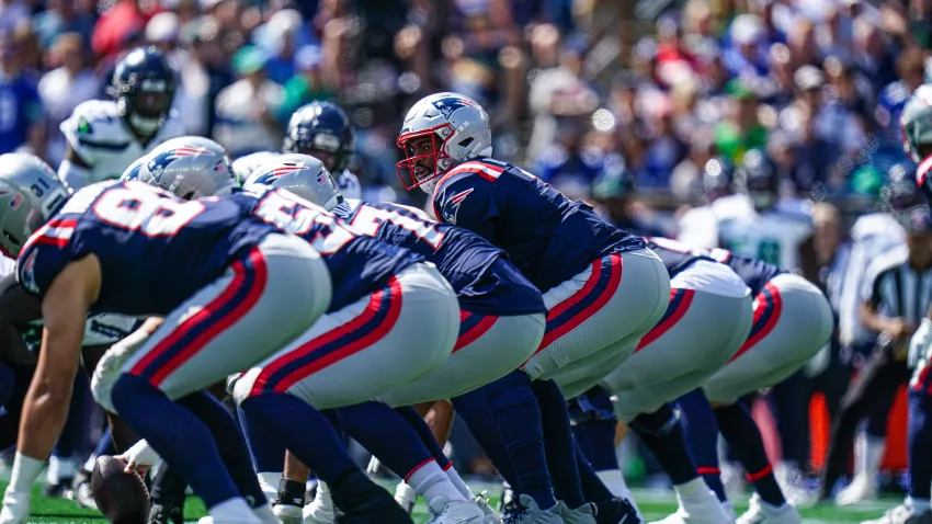 Sep 15, 2024; Foxborough, Massachusetts, USA; New England Patriots quarterback Jacoby Brissett (7) at the line against the Seattle Seahawks in the first quarter at Gillette Stadium. Mandatory Credit: David Butler II-Imagn Images