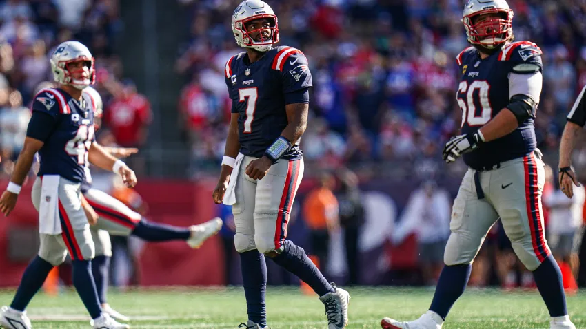 Sep 15, 2024; Foxborough, Massachusetts, USA; New England Patriots quarterback Jacoby Brissett (7) exits the field on fourth down against the Seattle Seahawks in the second half at Gillette Stadium. Mandatory Credit: David Butler II-Imagn Images